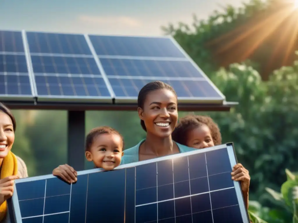 La familia disfruta de los beneficios de instalar paneles solares, rodeados de luz y esperanza en un día soleado