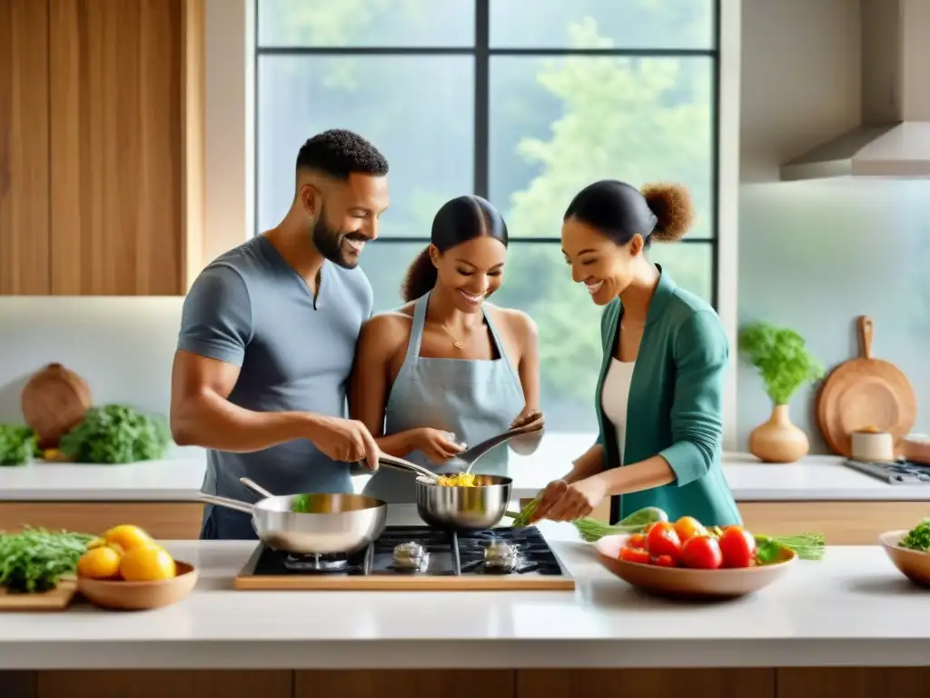 Una familia feliz cocina junta en una cocina moderna y ecológica, con materiales no tóxicos