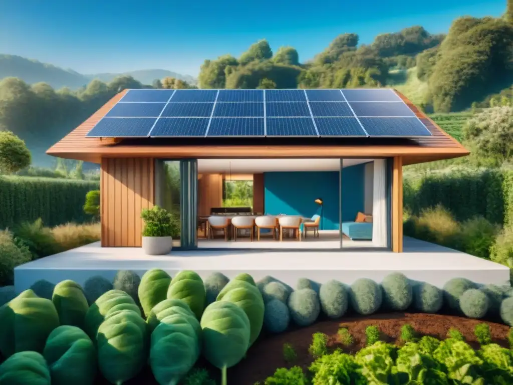 Una familia disfruta de una comida en una casa ecológica con paneles solares, rodeada de naturaleza