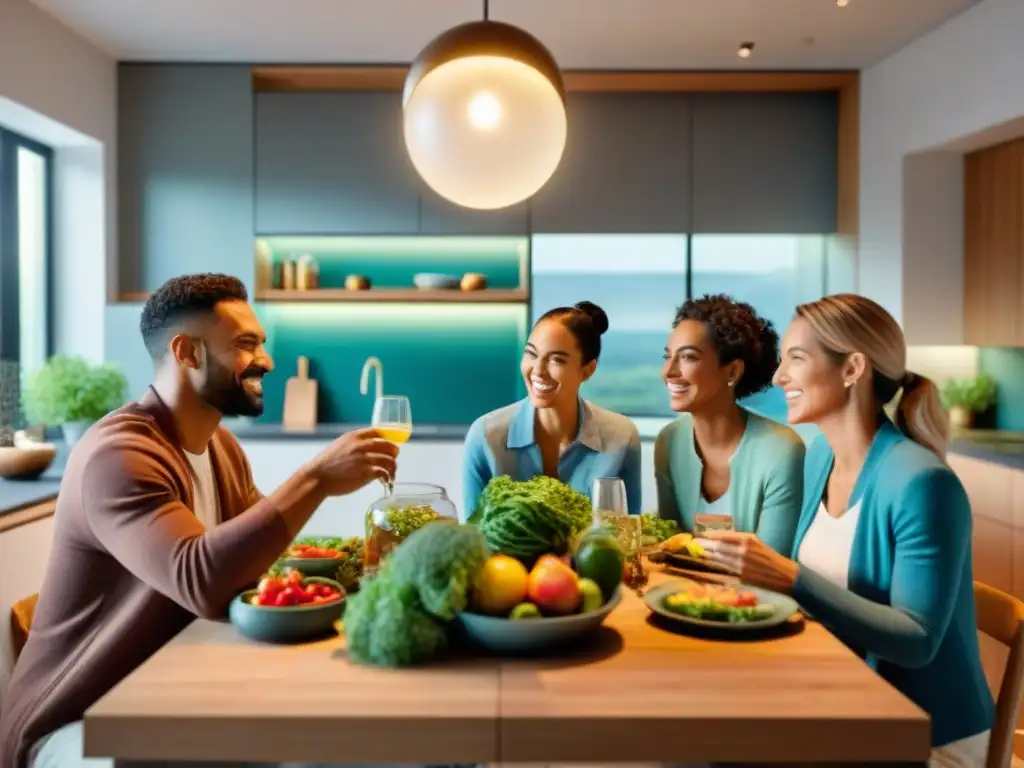 Una familia disfrutando de una comida en una cocina diseñada con materiales saludables, creando un impacto positivo en su bienestar