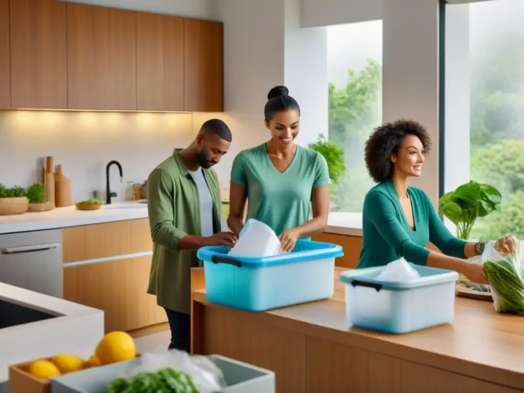 Familia comprometida clasificando desechos en cocina ecológica