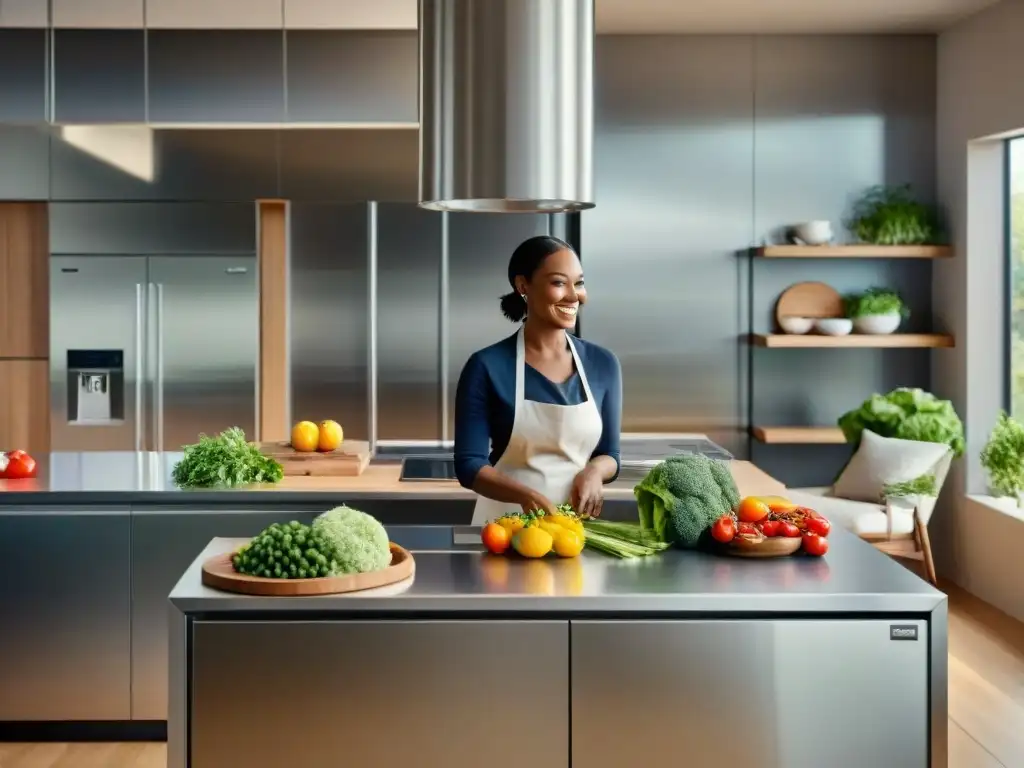 Familia cocinando con electrodomésticos eco amigables en cocina moderna