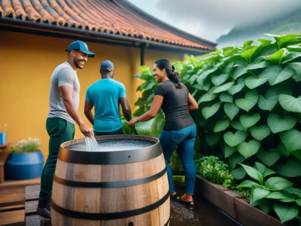 Familia feliz recolectando agua de lluvia en vivienda sostenible, adaptación a crisis de agua