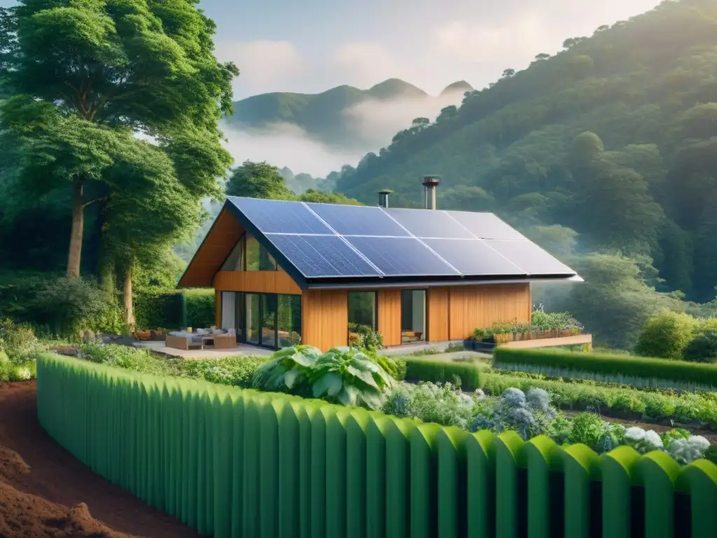 Una familia feliz trabaja en su casa autosuficiente en armonía con la naturaleza, reduciendo su huella ecológica