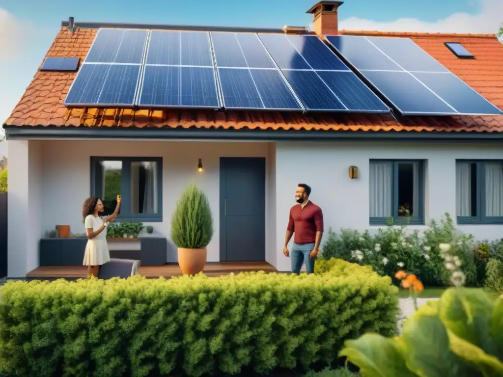 Una familia feliz en casa con paneles solares, rodeados de plantas verdes y flores, una central de energía verde en casa