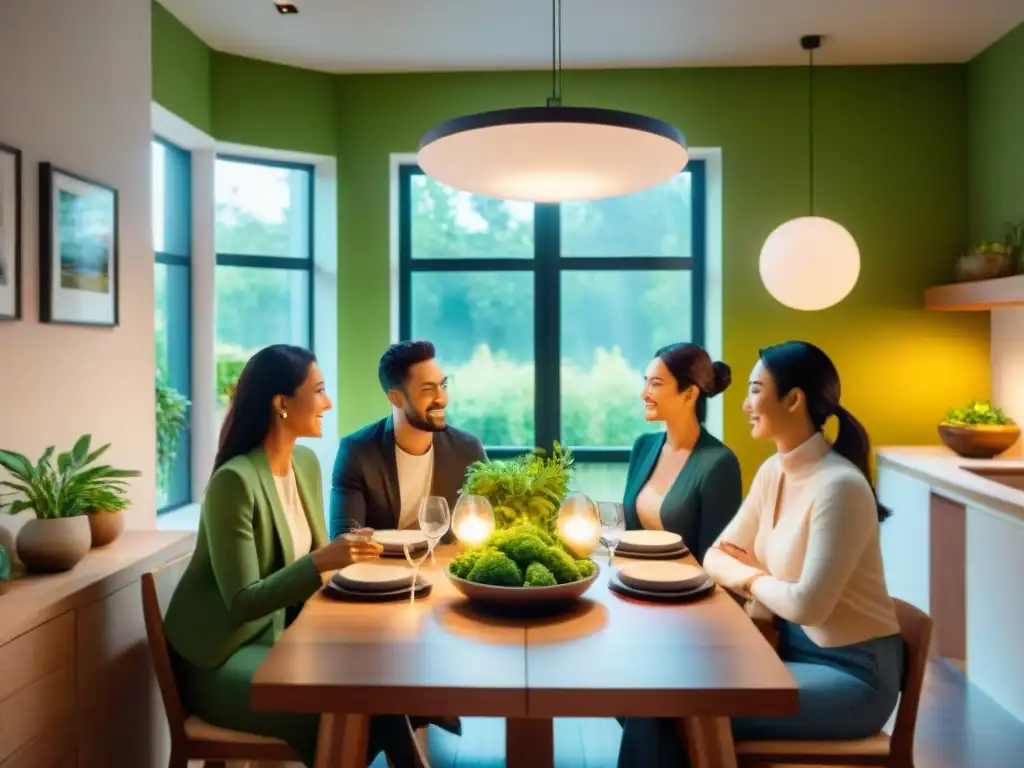 Una familia feliz disfruta de la cena bajo la cálida luz de lámparas solares en un hogar sostenible con plantas exuberantes