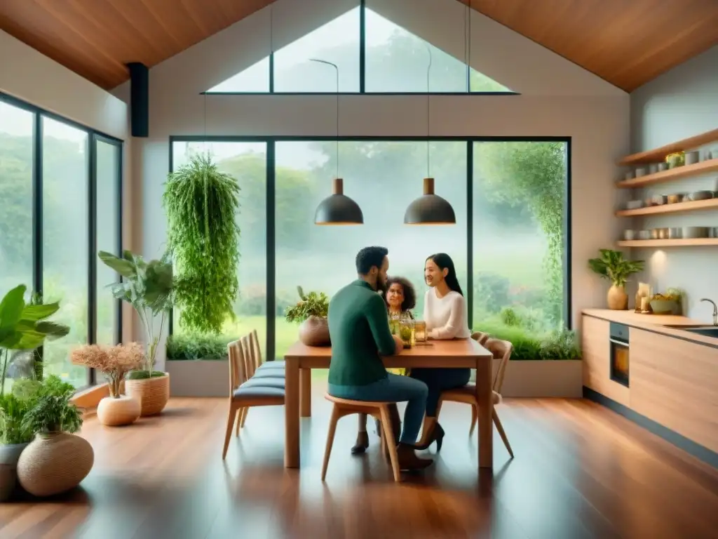 Una familia feliz disfruta de una comida en su hogar sostenible, rodeados de naturaleza