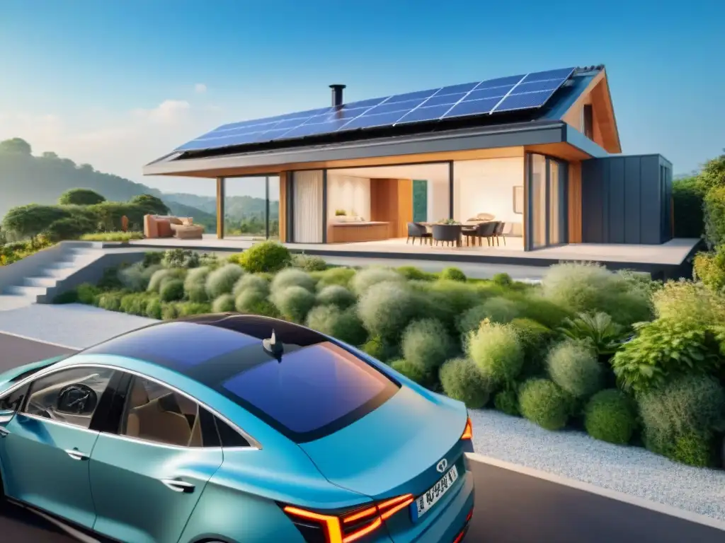 Familia feliz disfruta de construcción sostenible con impacto positivo: casa moderna, paneles solares, auto eléctrico y jardín verde