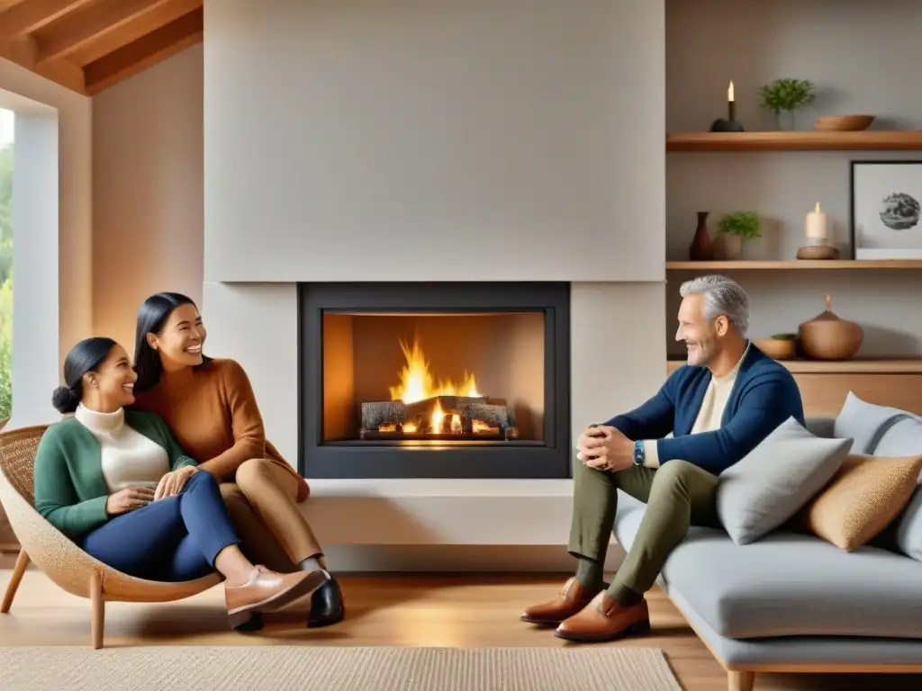 Una familia feliz reduciendo demanda energética en su hogar con una acogedora chimenea