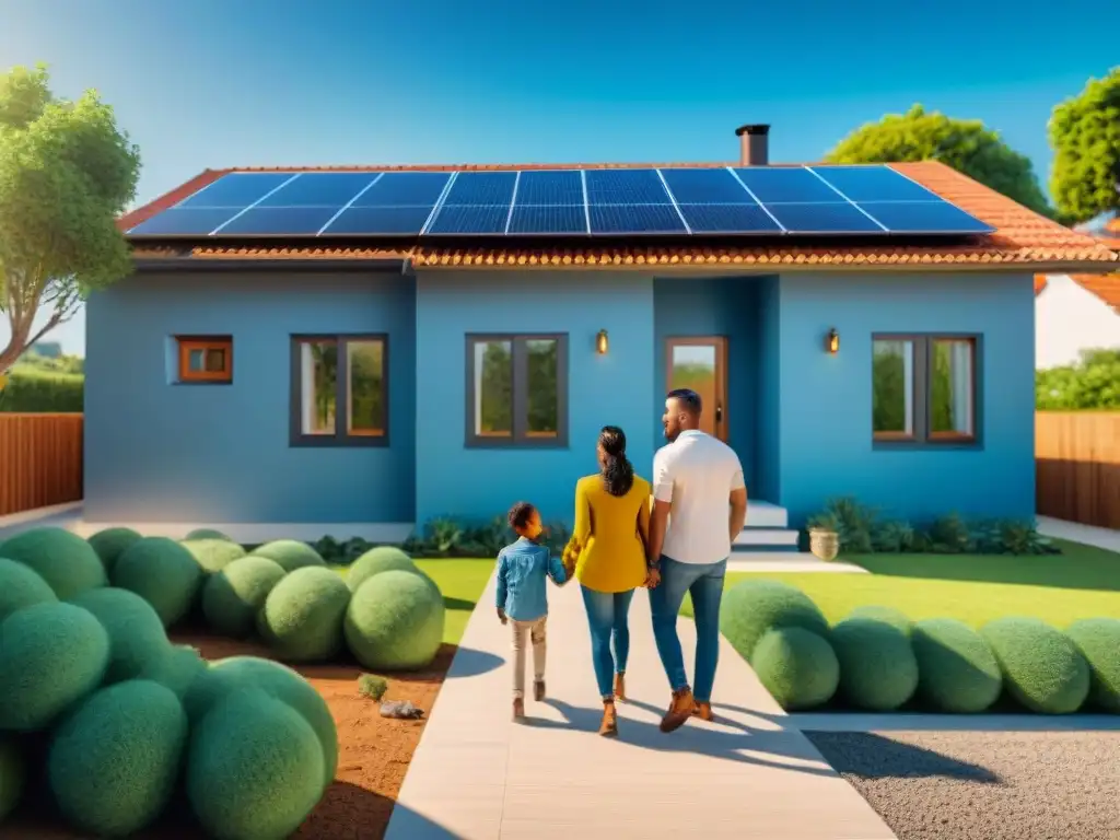 Una familia feliz frente a su hogar con paneles solares para autosuficiencia energética, en armonía con la naturaleza