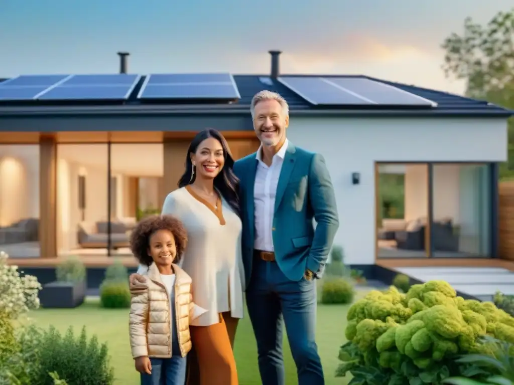 Familia feliz frente a su hogar certificado LEED, rodeados de naturaleza y paneles solares, simbolizando un futuro sostenible