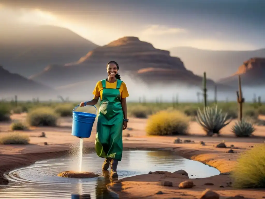 Familia feliz recolectando lluvia en áreas áridas, con niña sonriente bajo sistema de captación improvisado