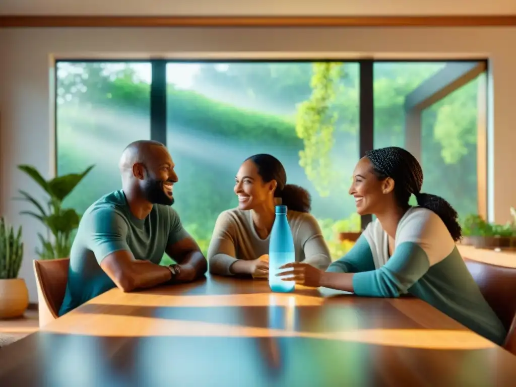 Una familia feliz compartiendo en una mesa iluminada por luz natural en su hogar sostenible