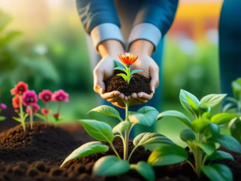 Una familia plantando flores coloridas en su hogar ecológico: acciones para cambio