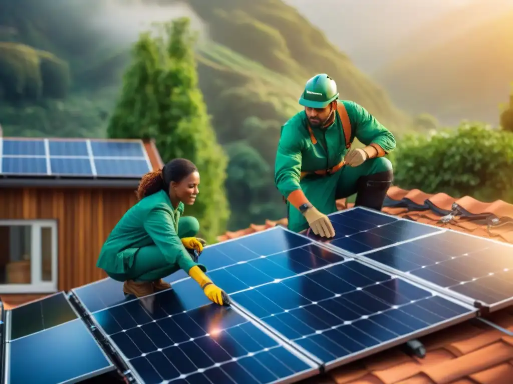 Familia instalando paneles solares en el techo de su hogar, mostrando determinación y compromiso en la transición energía renovable