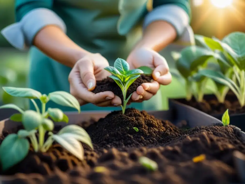 Una familia planta plántulas vibrantes en su jardín al atardecer