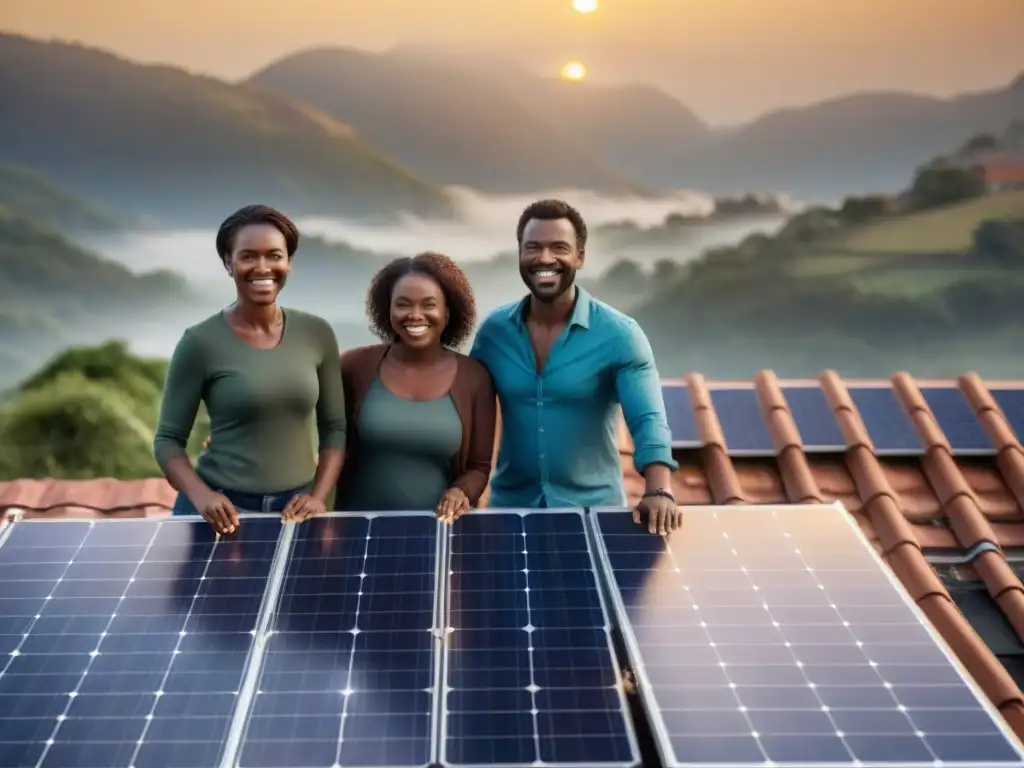 Una familia sonriente señala con orgullo los paneles solares recién instalados en el techo de su casa eco, mientras el sol se pone en el horizonte