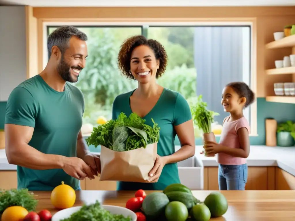 Una familia sostenible disfruta de frutas y verduras frescas en casa