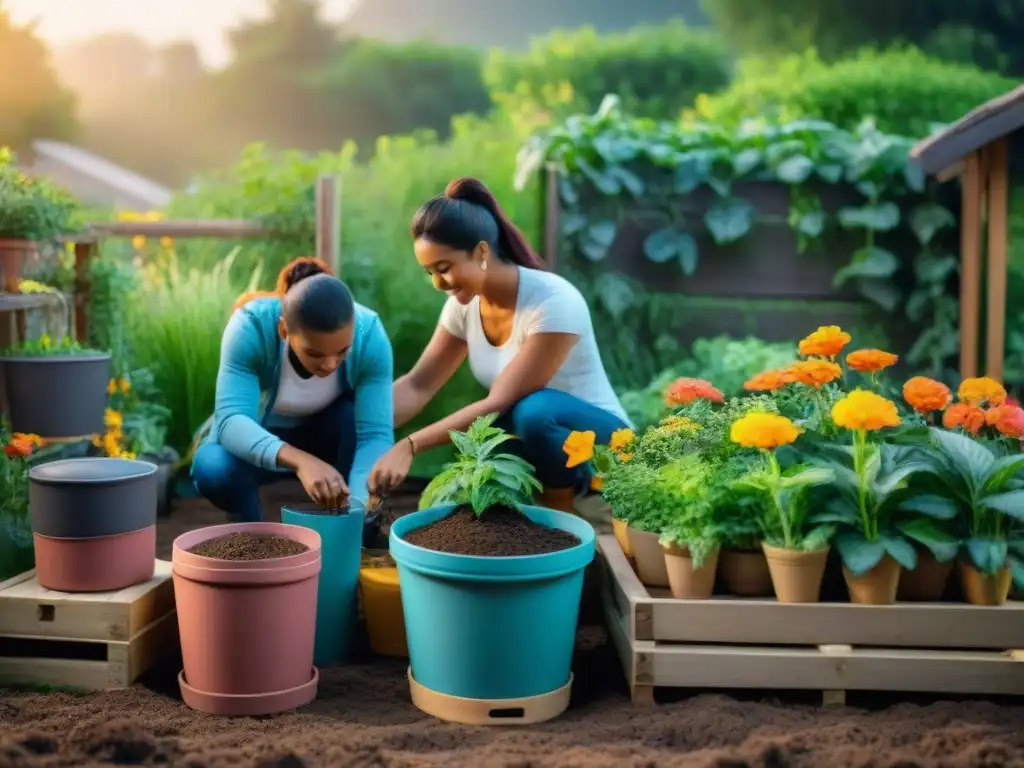 Una familia sostenible minimizando huella ecológica en jardín casero al atardecer