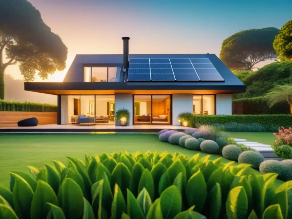 Hogar ecológico: familia feliz disfrutando de la vida sostenible Familia disfrutando de su vida sostenible en casa ecológica con paneles solares y jardín verde