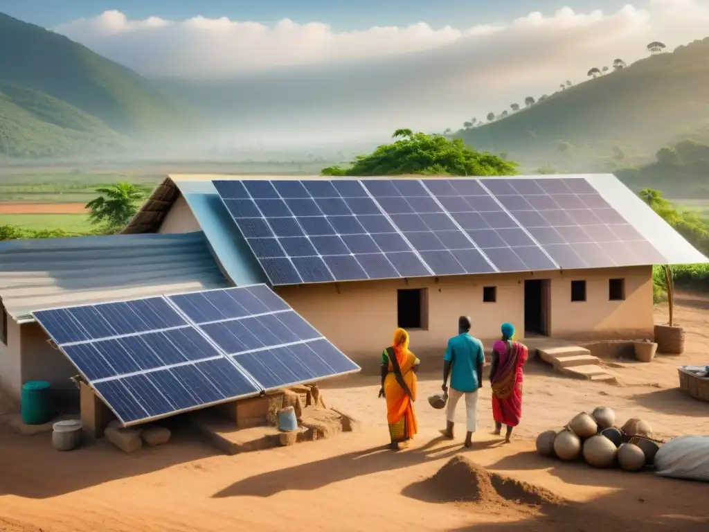 Familias en comunidad rural instalan paneles solares en techos, simbolizando progreso y empoderamiento