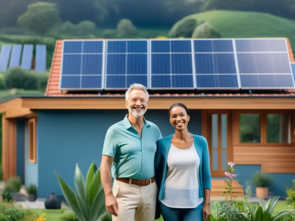 Familias felices frente a casas sostenibles con paneles solares y diseño ecoamigable