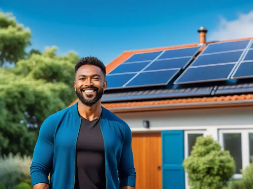 Familias felices posan junto a sus casas con paneles solares respetuosos, bajo un cielo azul y exuberante vegetación