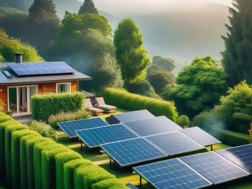 Armonía solar: hogares ecoamigables disfrutando un día soleado Familias felices disfrutan del sol en sus hogares ecológicos con paneles solares, mostrando los beneficios en la calidad de vida