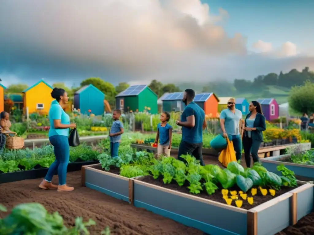 Familias felices interactúan en jardín sostenible