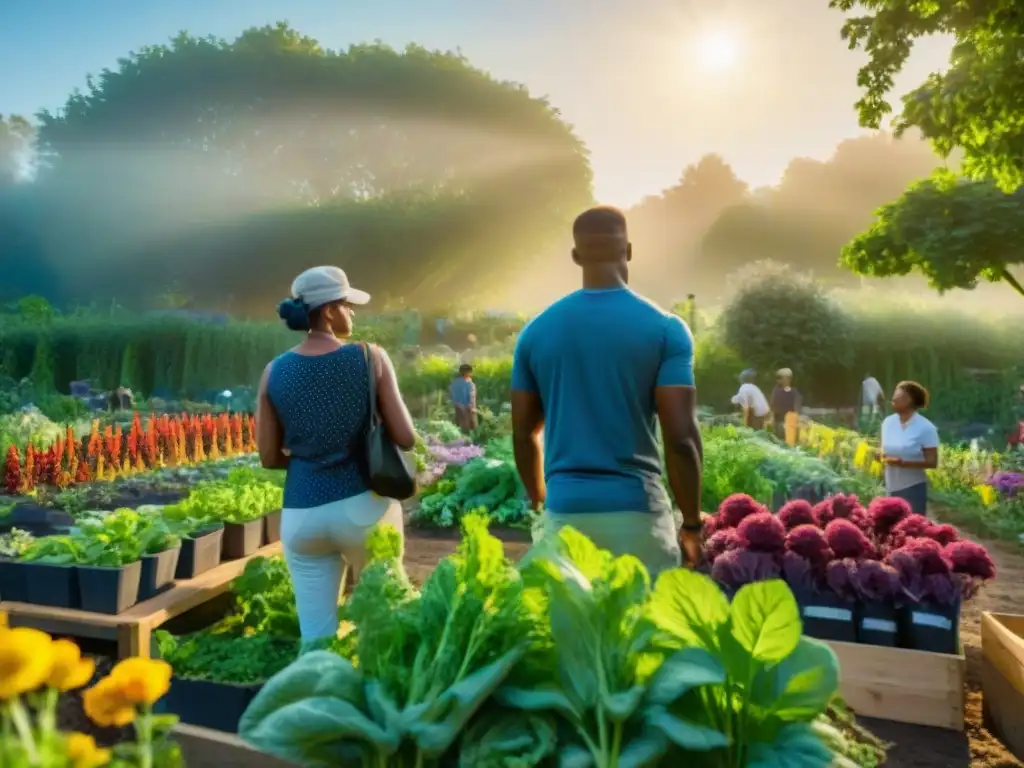 Familias, jóvenes y ancianos colaboran en un jardín comunitario, reflejando la unidad y sostenibilidad en un entorno pintoresco