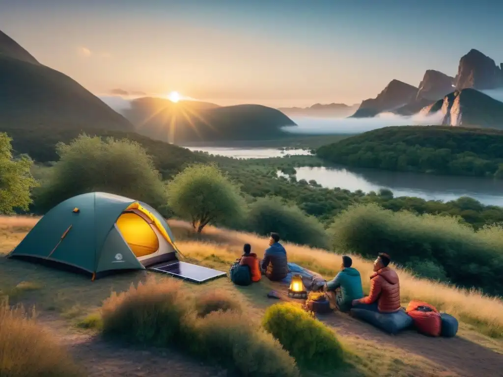 Familias acampando con paneles solares portátiles ecológicos en la naturaleza al atardecer