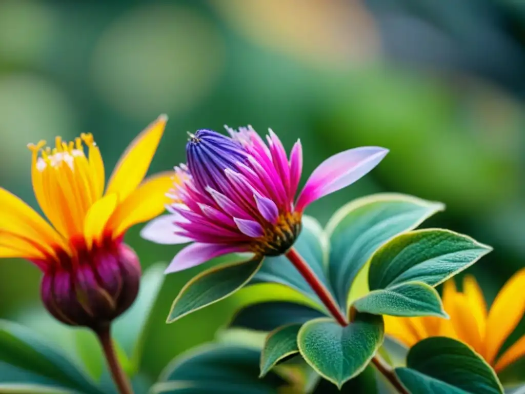 Una flor nativa en detalle con patrones y colores vibrantes, bajo la luz del sol