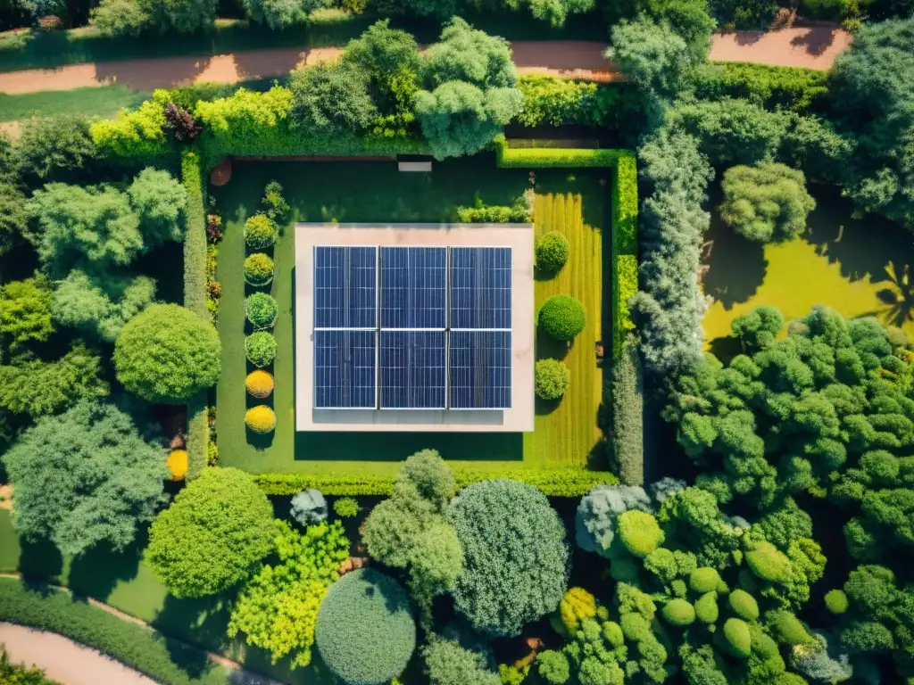 Fortaleza hogar cambio climático: Casa fortificada rodeada de vegetación, paneles solares y árboles frutales, lista para desafiar el cambio climático