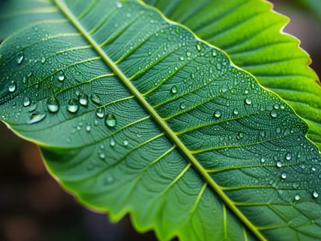 La frescura de la naturaleza se revela en la hoja verde con gotas de rocío, potenciando colores naturales que influyen en el ánimo