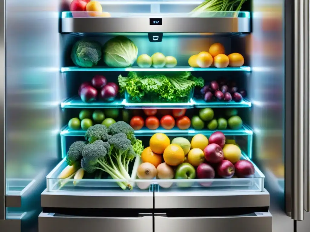 Un frigorífico moderno con frutas y verduras frescas en contenedores transparentes, iluminado con LED