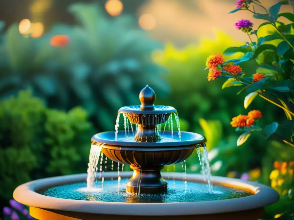 Una fuente de jardín sostenible brilla bajo el sol, rodeada de vegetación exuberante y flores coloridas