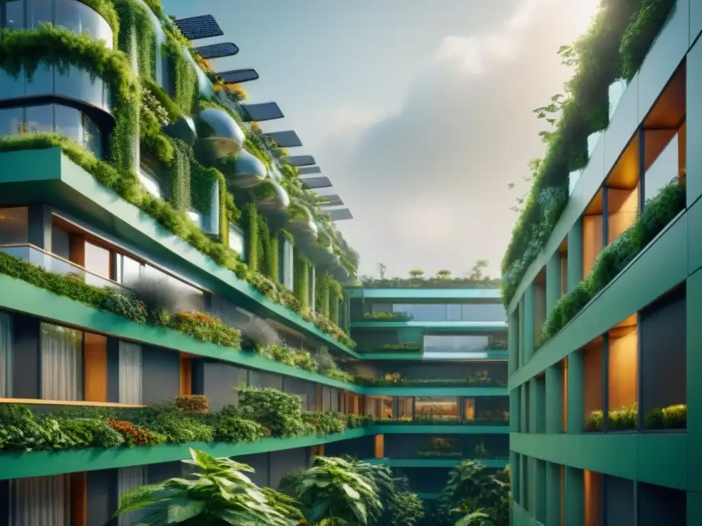 Futurista ciudad ecológica con arquitectura verde integrada con jardines verticales, paneles solares y turbinas eólicas