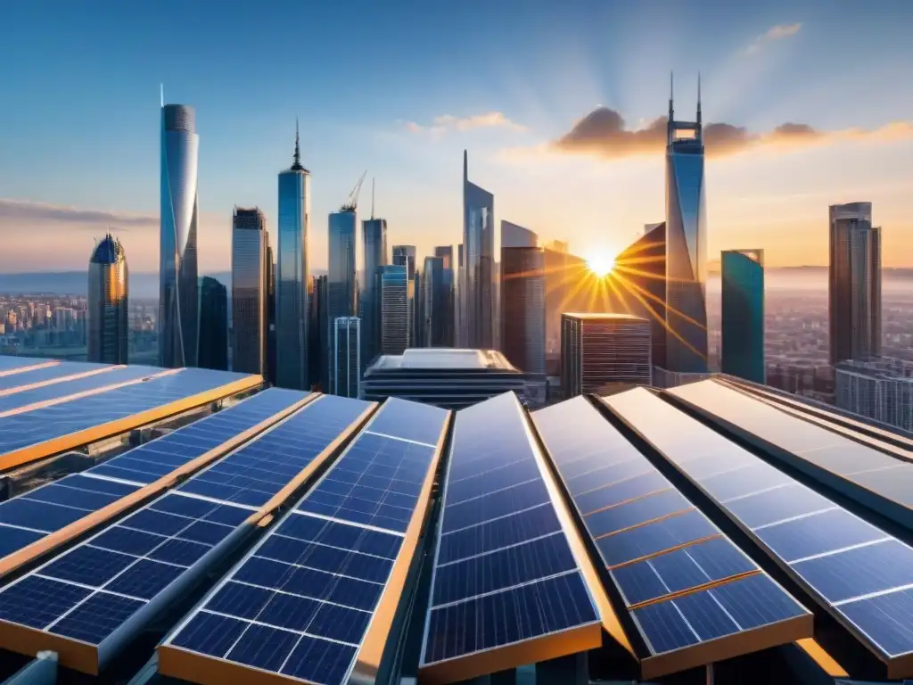 Futurista ciudad con paneles solares en arquitectura sostenible al atardecer