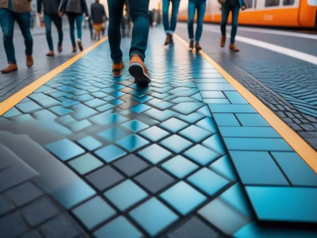 Futurista ciudad con pisos piezoeléctricos generando energía sostenible bajo los pies de los peatones