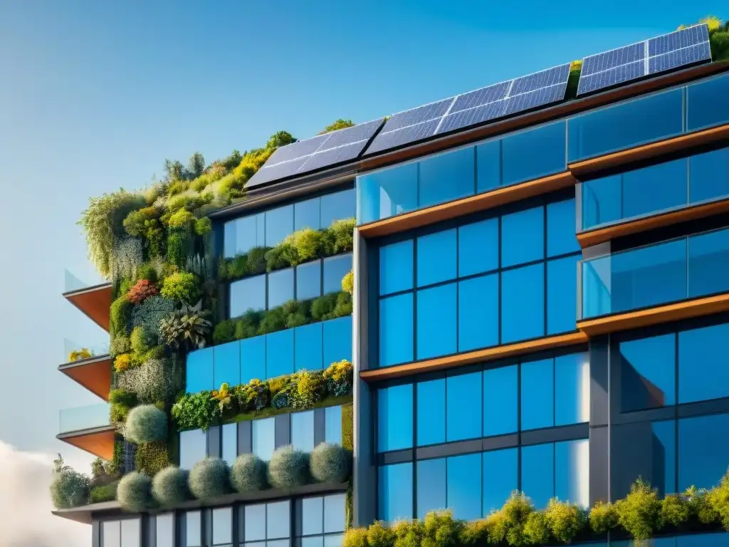 Futurista edificio ecoamigable con paneles solares y jardines verticales, en armonía con la naturaleza y el cielo azul