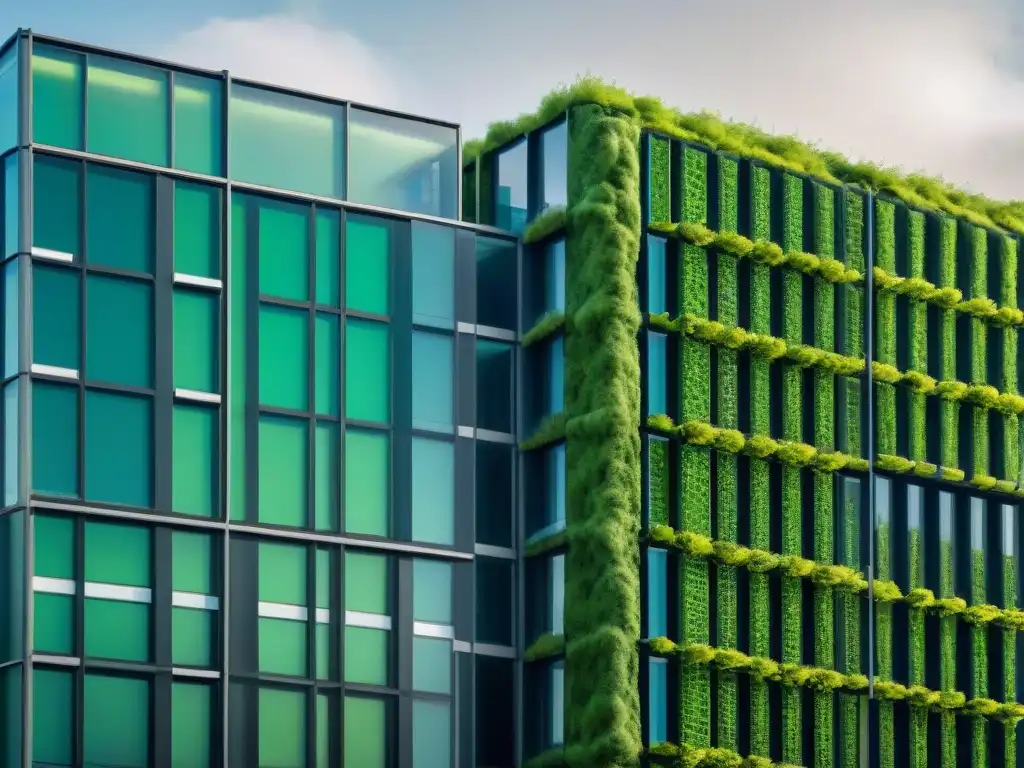 Futurista edificio ecosostenible con microalgas y tecnología verde integrada en su diseño