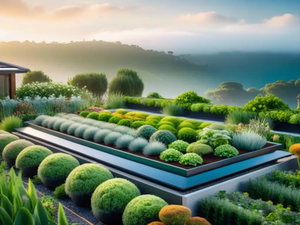 Jardín futurista integrado en casa sostenible con tecnologías de jardinería del futuro