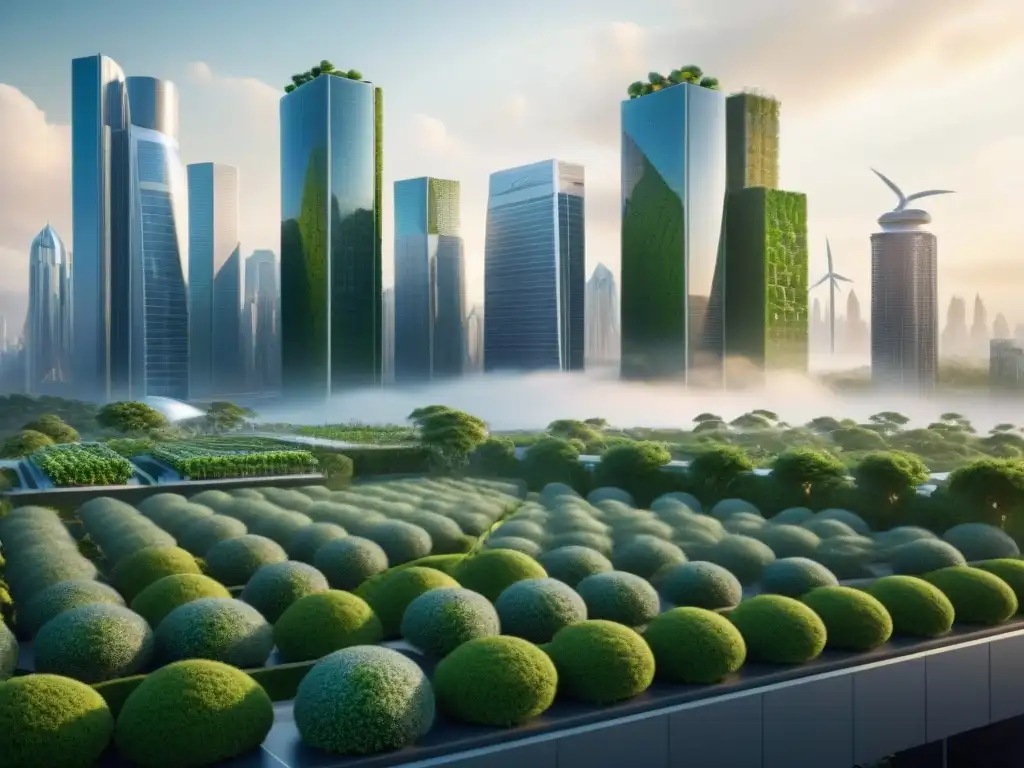 Un futuro de ciudades sostenibles es una realidad alcanzable: cielo urbano verde con energías renovables y armonía natural