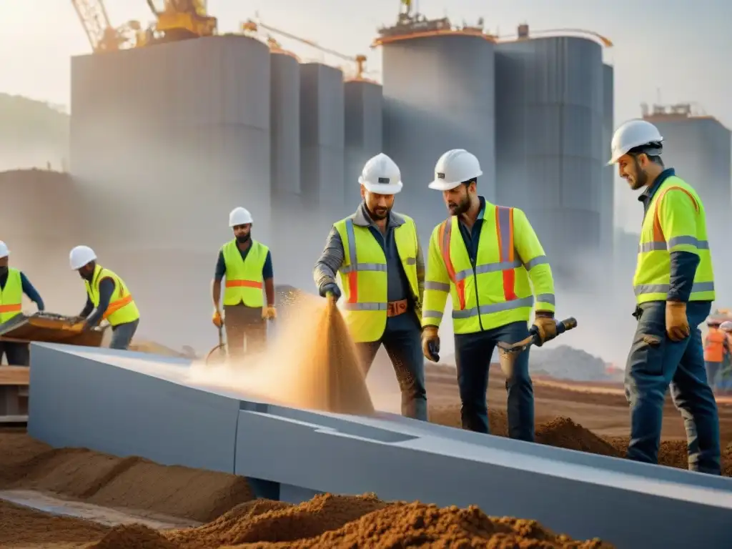 Un futuro prometedor: equipo diverso construyendo con hormigón ecológico innovador en un sitio de vanguardia