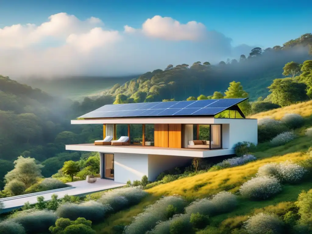 Bioconstrucción para un futuro sostenible: Casa ecológica integrada en bosque verde con paneles solares y armonía natural