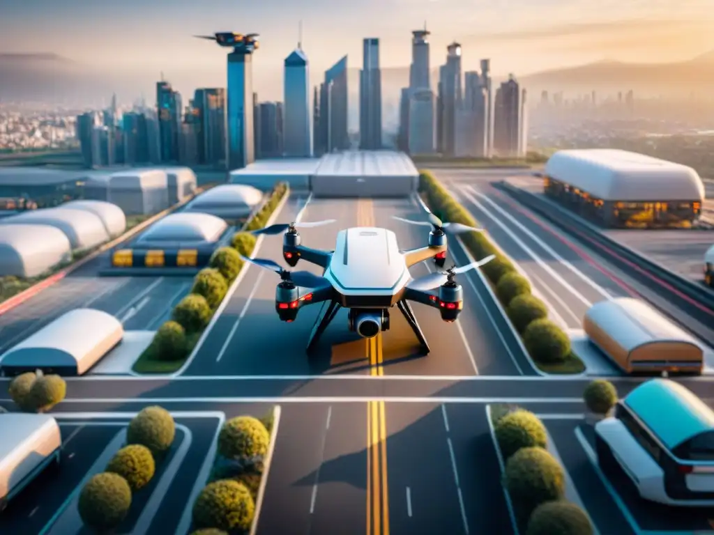 Entrega con drones en ciudad futurista Un futuro sostenible de transporte con drones avanzados y ciudad moderna
