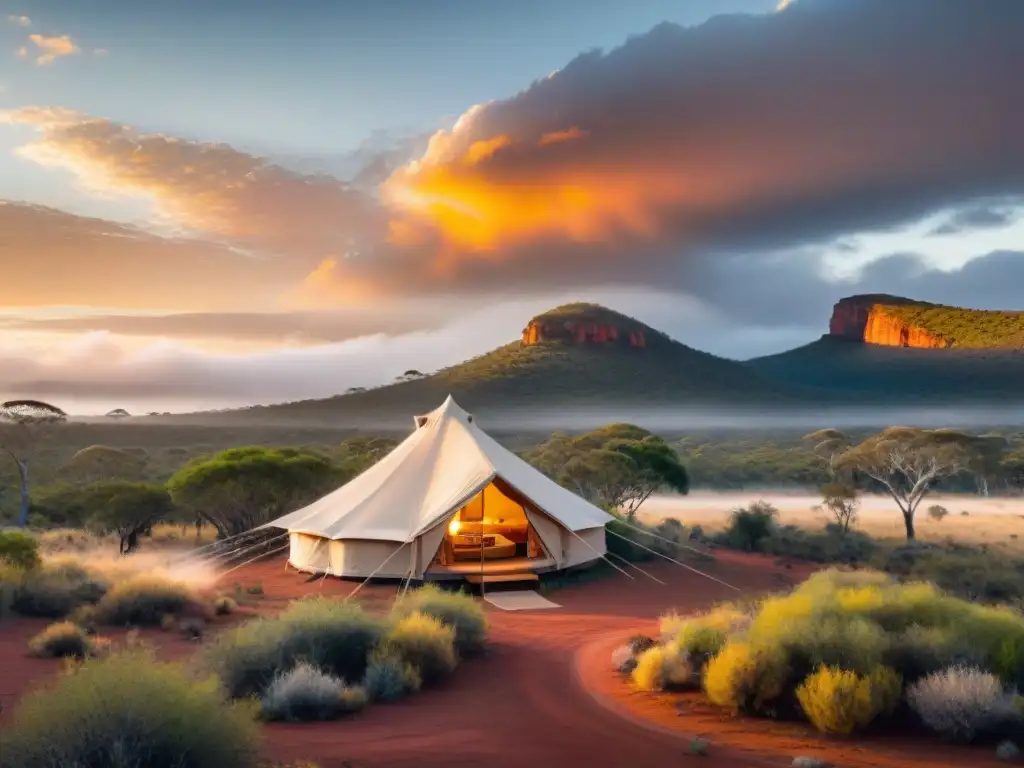 Glamping ecológico en Australia: amanecer impresionante sobre el Outback, con tienda sostenible en primer plano y paisaje natural al fondo