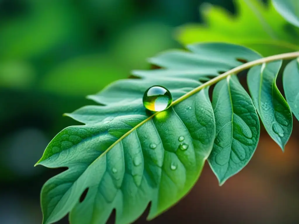 Gotas de agua en hoja verde resaltan la importancia del agua en construcción sostenible