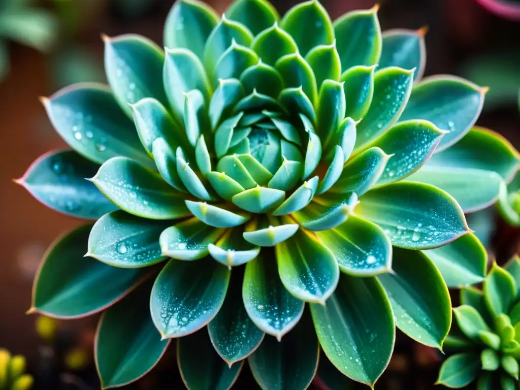 Gotas de agua brillan en hojas verdes de suculenta en jardín sostenible: oasis verde