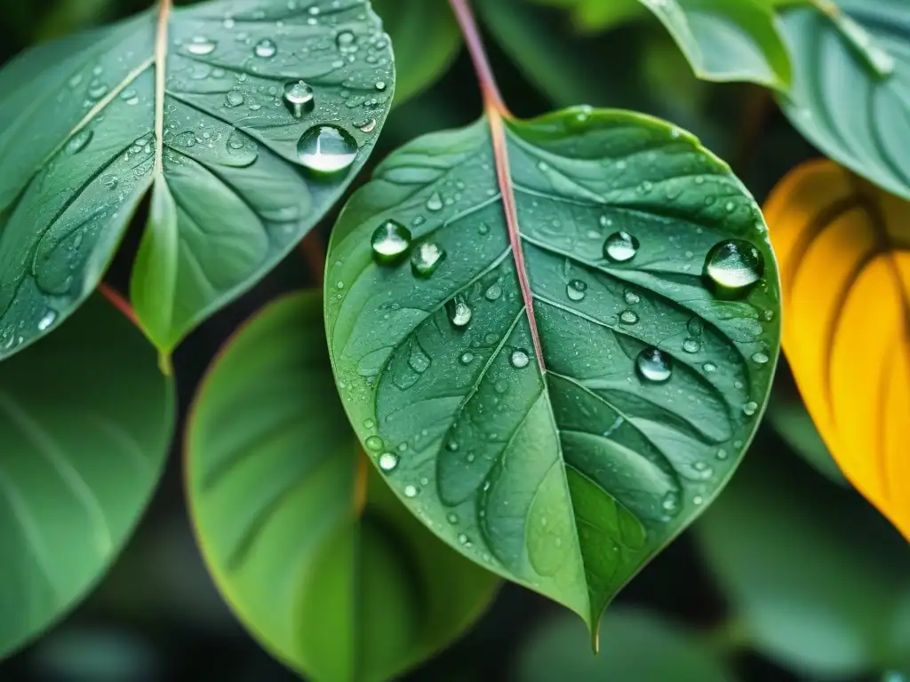 Gotas de lluvia en hojas verdes, resaltando la belleza del agua en la naturaleza